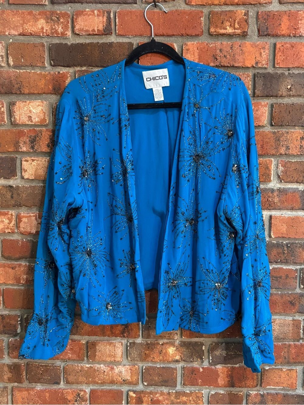 Chico’s womens beaded embroidered open front jacket cardigan turquoise blue 3